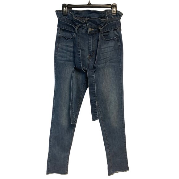 C' Est Toi Paper Bag High Waist Tie Belt Stretch Skinny Blue Denim Jeans Size 5 - Picture 1 of 8